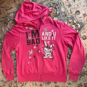 Vintage Y2k It's Happy Bunny Zip Up Jacket Coquette Girly hoodie sweatshirt